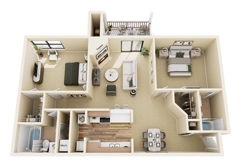 Floor plan for 2 beds, 2 baths, 1086 sqft